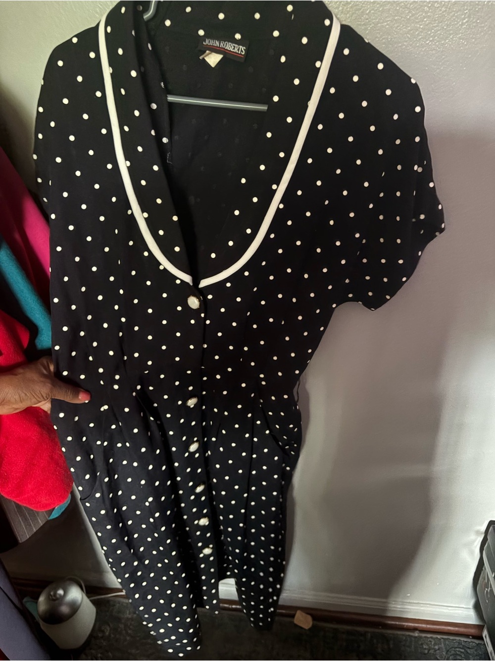 John Roberts Black Polka Dot Fit-and-Flare Dress with White Trim